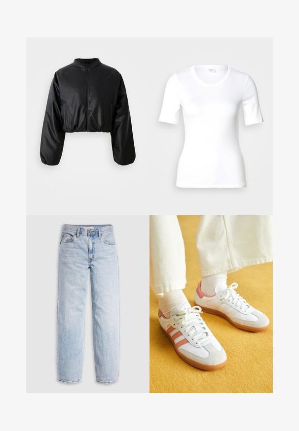 Čierna skrátená bomber bunda s hladkou, umelými kožou podobnou textúrou, zapínaním na zips a pružnými manžetami pre priliehavý strih.; Biele tričko s krátkym rukávom z hladkej bavlny, s okrúhlym výstrihom a priliehavým strihom. Klasický dizajn bez vzorov či akcentov.; Svetlomodré rifľové nohavice s vysokým pásom, voľným strihom, rovnými nohavicami a klasickým päťvreckovým dizajnom. Viditeľné vyblednutie a detaily šitia.; Biele športové topánky s ružovými akcentmi, z semišových a kožených materiálov, s okrúhlou špičkou a gumenou podrážkou, zobrazené s svetlými ponožkami na žltom pozadí.