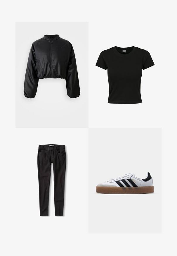 Veste bomber noire cropped avec une texture en cuir synthétique lisse, fermeture éclair et poignets élastiques pour un look ajusté.; T-shirt noir à manches courtes en coton lisse, avec un col rond et une coupe ajustée. Aucun motif ou accent visible.; Jeans en denim noir avec une coupe droite, dotés d'une taille standard, de passants de ceinture et de deux poches avant. Texture lisse, matériel minimal.; Baskets en cuir blanc avec des rayures noires, semelle extérieure en caoutchouc beige, bout rond, fermeture lacée et embout en suède gris doux.