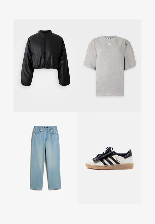 Sort cropped bomberjakke med en glat skalobt lædertekstur, lynlåslukning og elastiske manchetter for en tætsiddende silhuet.; Lysegrå Adidas T-shirt med korte ærmer, rund hals og lille hvid Adidas-logo på brystet, vist på en ensfarvet baggrund.; Vans CINCHED CHECK - Baggy jeans - light stonewash; Hvid og sort Adidas Spezial-sneaker med gummisål, sorte striber og sort snørebåndsdække på en ensartet lys baggrund.