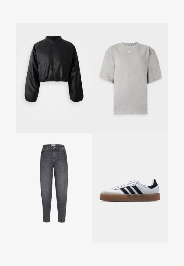 Zwarte cropped bomberjack met een gladde, nepleer structuur, ritsluiting en elastische manchetten voor een getailleerd silhouet.; Lichtgrijs Adidas T-shirt met korte mouwen, ronde hals en klein wit Adidas-logo op de borst, weergegeven op een effen achtergrond.; Zwart gewassen jeans met hoge taille, taps toelopend, voorzien van voorzakken, ceintuurlussen en een knoopsluiting.; Witte leren sneakers met zwarte strepen, gumrubberen buitenzool, ronde neus, vetersluiting en een zachte grijze suède neuskap.