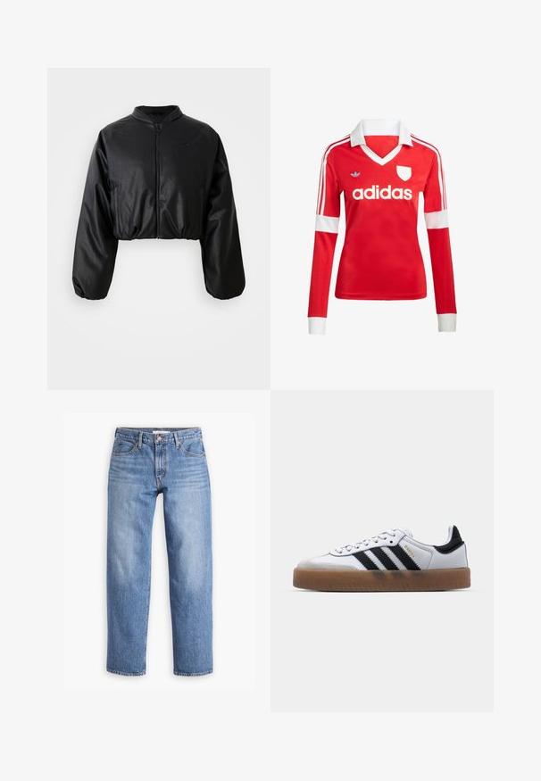 Čierna skrátená bomber bunda s hladkou, umelými kožou podobnou textúrou, zapínaním na zips a pružnými manžetami pre priliehavý strih.; Červený futbalový dres s dlhým rukávom a bielym golierom a manžetami. Na ramenách sú tri biele pruhy a výrazne zobrazené logo "adidas".; Svetlo modré denimové rifle so strihom rovného nohavic, piatimi vreckami a zipsom. Tkanina má klasický textúrovaný povrch s jemným vyblednutím.; Biele kožené tenisky s čiernymi pruhmi, gumová podrážka, okrúhla špička, šnurovanie a mäkký sivý semišový špička.