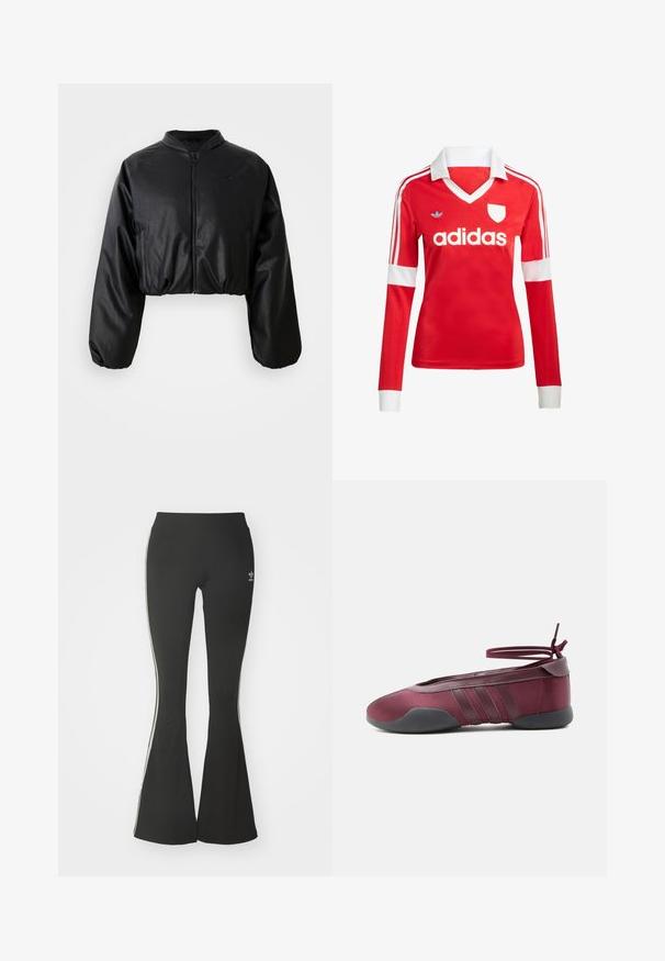 Veste bomber noire cropped avec une texture en cuir synthétique lisse, fermeture éclair et poignets élastiques pour un look ajusté.; Maillot de football à manches longues rouge avec un col et des poignets blancs. Présente trois rayures blanches sur les épaules et le logo "adidas" affiché en évidence.; Leggings évasés noirs en tissu extensible, dotés d'une taille haute et de rayures blanches sur les côtés. Comprend un petit logo à la taille.; Ballerine bordeaux avec semelle noire, brides élastiques à la cheville nouées en nœud, et détails cousus sur les côtés, vue de l'extérieur.