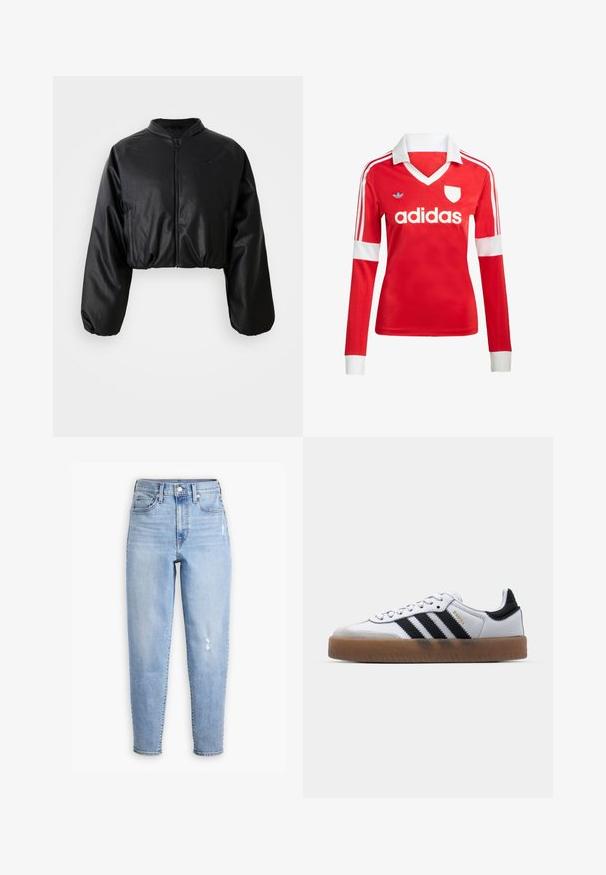 Μαύρο cropped bomber jacket με απαλή, τεχνητή δερμάτινη υφή, κλείσιμο με φερμουάρ και ελαστικούς καρπούς για εφαρμόζουσα σιλουέτα.; Κόκκινη ποδοσφαιρική φανέλα με μακριά μανίκια, λευκό γιακά και μανσέτες. Διαθέτει τρεις λευκές ρίγες στους ώμους και το λογότυπο "adidas" εμφανώς τοποθετημένο.; Ανοικτού μπλε τζιν ψηλής μέσης, κατασκευασμένα από ντένιμ, με ευθεία γραμμή, ελαφριά ξεθώριασμα και μια μικρή φθορά στο δεξί μηρό.; Λευκά δερμάτινα αθλητικά παπούτσια με μαύρες ρίγες, σόλα από καουτσούκ γκιομ, στρογγυλή μύτη, κλείσιμο με κορδόνια και μαλακή γκρι σουέτ μύτη.