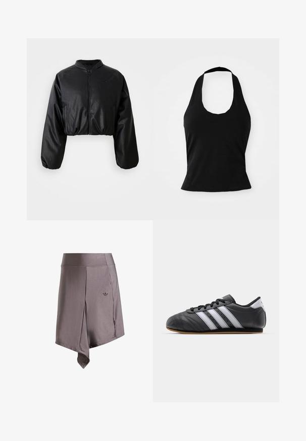 Μαύρο cropped bomber jacket με απαλή, τεχνητή δερμάτινη υφή, κλείσιμο με φερμουάρ και ελαστικούς καρπούς για εφαρμόζουσα σιλουέτα.; Μαύρο halter top από μαλακό ύφασμα, με στρογγυλή λαιμόκοψη και εφαρμοστή σιλουέτα, με λεία υφή και χωρίς ορατά σχέδια.; Γκρι αθλητική φούστα σορτς με λεία υφή, ελαφρώς ασύμμετρο στρίφωμα και μικρή σκούρα λογότυπη λεπτομέρεια στο μπροστινό μέρος. Περιλαμβάνει ελαστική ζώνη.; Μαύρο αθλητικό παπούτσι από δέρμα με λευκές ρίγες, στρογγυλή μύτη, επίπεδη σόλα και κλείσιμο με κορδόνια. Διαθέτει περφορίσεις για καλύτερη αναπνοή.
