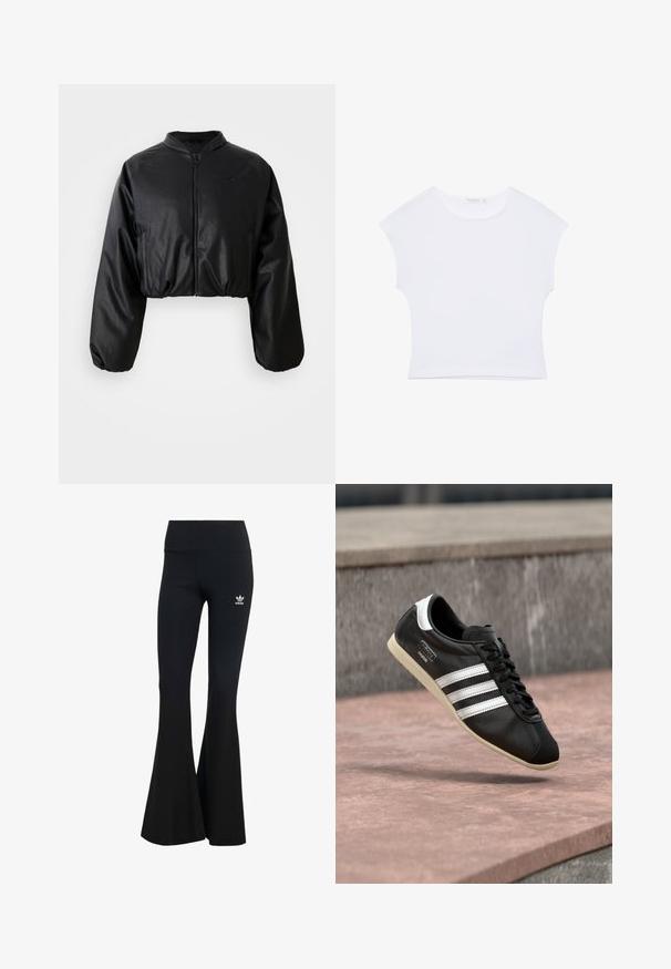 Čierna skrátená bomber bunda s hladkou, umelými kožou podobnou textúrou, zapínaním na zips a pružnými manžetami pre priliehavý strih.; Biele krátke tričko s krátkym rukávom a okrúhlym výstrihom, vyrobené z hladkej látky, položené na bielom pozadí.; Čierne rebrované legíny s rozšírenými nohavicami a širokým pásom, s malým bielym logom Adidas na hornej ľavej strane. Mäkkučký textilný materiál.; Čierna kožená teniska s bielymi pruhmi a podrážkou, zaviazaná šnúrkami, vznášajúca sa nad ružovkastým betónovým povrchom s sivou kamennou stenou v pozadí.