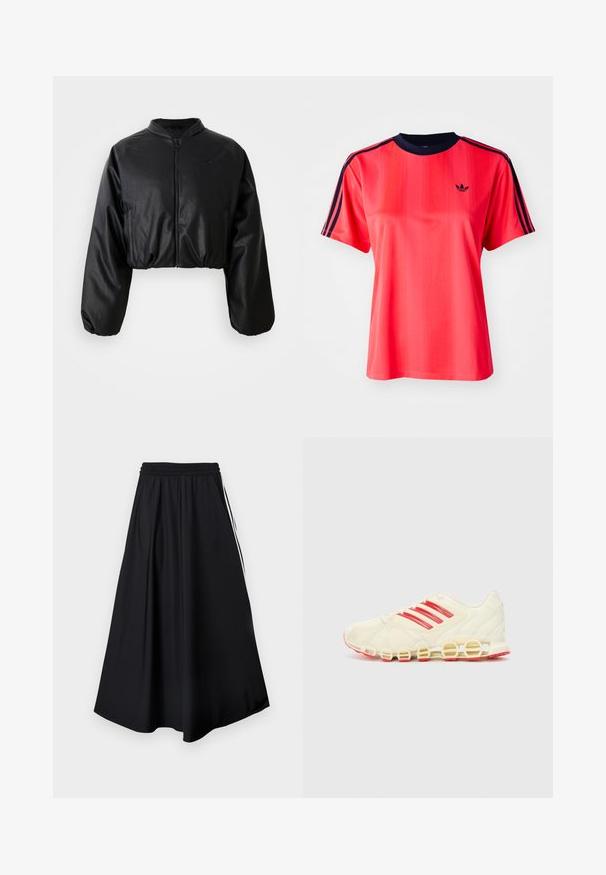 Μαύρο cropped bomber jacket με απαλή, τεχνητή δερμάτινη υφή, κλείσιμο με φερμουάρ και ελαστικούς καρπούς για εφαρμόζουσα σιλουέτα.; Κόκκινη αθλητική μπλούζα με κοντά μανίκια, με κατακόρυφες ρίγες, ναυτικό λαιμό και ένα μικρό μαύρο λογότυπο μπροστά.; Μαύρο παντελόνι με φαρδιά ποδιά, ελαστική μέση και λευκές πλαϊνές ρίγες, εμφανίζεται σε απλό λευκό φόντο.; Αθλητικό παπούτσι με κρεμ λευκό πάνω κομμάτι, κόκκινες ρίγες στο πλάι και χαρακτηριστική σόλα με βρόχους; το διχτυωτό υλικό προσφέρει αναπνοή.