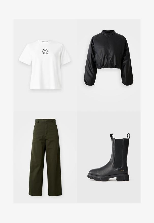 Veste bomber noire cropped avec une texture en cuir synthétique lisse, fermeture éclair et poignets élastiques pour un look ajusté.; T-shirt en coton blanc avec des manches courtes, un col rond et un smiley noir brodé au centre. Texture lisse.; Pantalons larges vert olive en coton robuste. Comprend une fermeture à bouton, une taille ceinturée et une coupe droite sans motifs visibles.; Bottes en cuir noir mi-mollet avec semelle épaisse, panneaux latéraux en élastique, lanières de tirage et petit logo doré près du talon sur fond blanc.