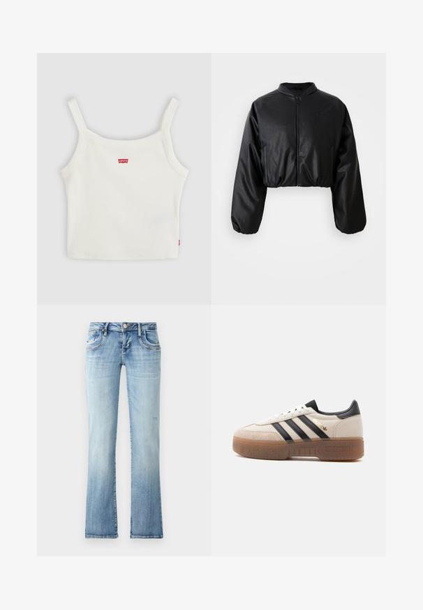 Μαύρο cropped bomber jacket με απαλή, τεχνητή δερμάτινη υφή, κλείσιμο με φερμουάρ και ελαστικούς καρπούς για εφαρμόζουσα σιλουέτα.; Λευκό ριμπ τοπ με λεπτές τιράντες και μικρό κόκκινο λογότυπο Levi's στο κέντρο εμπρός και στη ραφή πλευράς.; Ανοιχτό μπλε τζιν παντελόνι με ίσια γραμμή, διαθέτει πέντε τσέπες, κουμπί κλεισίματος και διακριτική φθορά στην υφή του υφάσματος.; Λευκό και μπεζ αθλητικό παπούτσι με μαύρες ρίγες, μαύρο ταμπελάκι στη φτέρνα, ετικέτα "Spezial" σε χρυσό και χοντρή διαφανή καφέ σόλα.