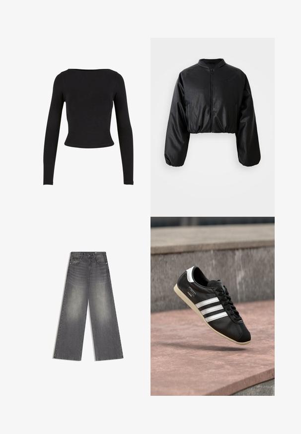 Sort cropped bomberjakke med en glat skalobt lædertekstur, lynlåslukning og elastiske manchetter for en tætsiddende silhuet.; Sort, langærmet crop top lavet af blødt, strækbart stof med et enkelt, tætsiddende design og en bred halsudskæring. Ingen mønstre eller udsmykninger.; Grå denimjeans med vide ben og høj talje, med falmede detaljer, frontknap og lynlås samt lommer, på en hvid baggrund.; Sort lædersneaker med hvide striber og sål, snøret, svævende over en rosa betonoverflade med en grå stenvæg i baggrunden.