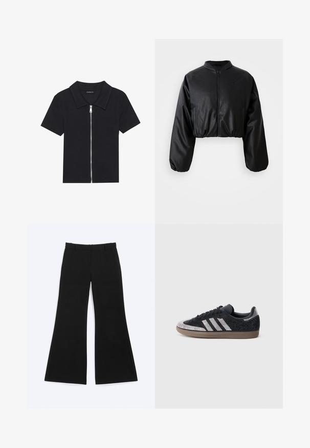 Zwarte cropped bomberjack met een gladde, nepleer structuur, ritsluiting en elastische manchetten voor een getailleerd silhouet.; Zwarte polo met korte mouwen en een geribbelde textuur, met een rits aan de voorkant en een puntige kraag. Eenvoudig ontwerp met minimale accenten.; Zwarte broek met wijde pijpen, riemlussen en zijzakken, plat weergegeven op een witte achtergrond.; Zwarte sneaker met fonkelende zilveren accenten en drie witte strepen. Heeft een laag model, een gestructureerd bovenwerk en een bruine rubberen zool.