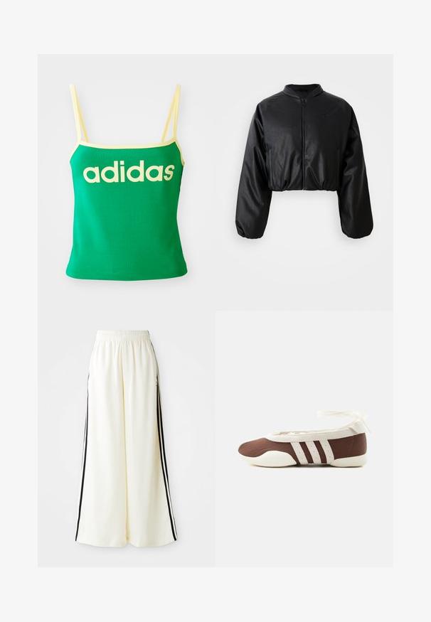Čierna skrátená bomber bunda s hladkou, umelými kožou podobnou textúrou, zapínaním na zips a pružnými manžetami pre priliehavý strih.; Zelený tank top s žltými akcentmi, vyrobený z elastického materiálu. Má veľké žlté logo "adidas" na prednej strane a tenké ramienka.; Biele široké nohavice s elastickým pásom a čiernymi vertikálnymi pruhmi pozdĺž vonkajších švov.; Hnedá a biela baletná balerína s tromi bielymi pruhmi a mašľou na zviazanie okolo členku na jednoduchom svetlom pozadí.