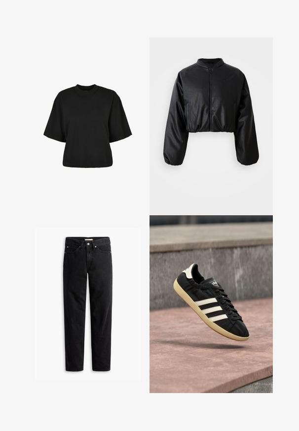 Zwarte cropped bomberjack met een gladde, nepleer structuur, ritsluiting en elastische manchetten voor een getailleerd silhouet.; Zwart cropped t-shirt van katoen. Heeft korte mouwen en een ronde halslijn. Glad materiaal met een eenvoudig ontwerp, geen extra patronen.; Zwarte straight-leg jeans met knoop- en ritssluiting, riemlussen en voor- en achterzakken, plat gelegd op een witte achtergrond.; Zwarte Adidas sneaker met witte strepen en beige zool, vastgelegd in de lucht boven een stenen oppervlak en een stenen muur op de achtergrond.