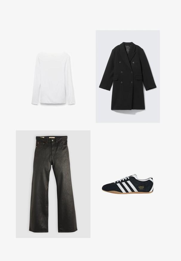 Abrigo negro de lana de doble botonadura con seis botones, solapas con muesca, dos bolsillos con solapa y mangas largas, mostrado sobre fondo blanco.; Camiseta blanca de manga larga con cuello barco, diseño liso, mostrada plana sobre un fondo blanco, vista frontal.; Pantalones de mezclilla anchos negros con una textura suave, que presentan cinco bolsillos y detalles en metal color cobre. Cierre clásico con botón.; Zapatillas de ante negro con tres franjas blancas, logotipo dorado y suela de goma marrón. Presentan un diseño de cordones de perfil bajo.