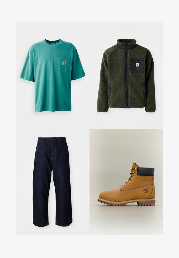 Chaqueta de forro polar verde con un collar alto, acentos negros, bolsillo en el pecho con cremallera y bolsillos laterales. Superficie texturizada, material duradero.; Camiseta de algodón verde con cuello redondo, mangas cortas y un bolsillo frontal con un parche de logo. Textura suave y ajuste relajado.; Pantalones de mezclilla azul oscuro con un corte relajado, que cuentan con una cremallera de botón, trabillas para cinturón y costuras y bolsillos con pespuntes amarillos.; Bota de tobillo de cuero marrón con cuello negro, cordones amarillos y suela beige. Presenta un logotipo y detalles de costura blanca. Suela exterior con tracción robusta.