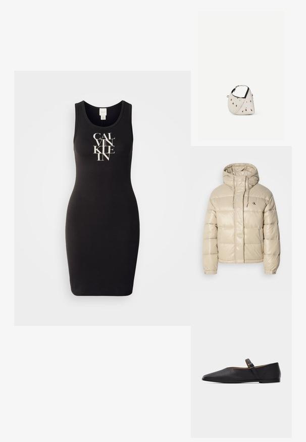 Beige pufferjakke med en blank finish, der har en høj krave, justerbare snore og et logo. Boksformet, quiltet design og trykknapmanchetter.; Sort tank kjole lavet af blødt bomuld med en tætsiddende pasform. Har et logo print i hvid, som viser fed, stiliseret tekst foran.; Sort flad læder Mary Jane-sko med spids tå og justerbar spænde på en ensartet grå baggrund.; Lille hvid håndtaske med brune pletter, afrundet trekantet form, sort indvendig foring og kort justerbar rem med sølvspænde.