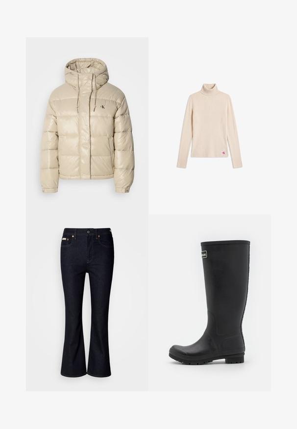 Beige Pufferjacke mit glänzender Oberfläche, hohem Kragen, verstellbaren Kordeln und Logo. Boxy-Schnitt, gestepptes Design und Druckknopfärmel.; Beiger gerippter Langarm-Rollkragenpullover mit kleinem Logo-Patch nahe dem unteren Saum auf weißem Hintergrund.; Dunkelblaue Schlagjeans aus Denim, mit klassischem Fünf-Taschen-Design, Metallknopfverschluss und kontrastierenden Nähten.; Schwarzer Gummiregenstiefel, hohes Design mit mattem Finish. Verfügt über eine dicke Sohle mit Rillen und einem Logo-Akzent an der Seite.