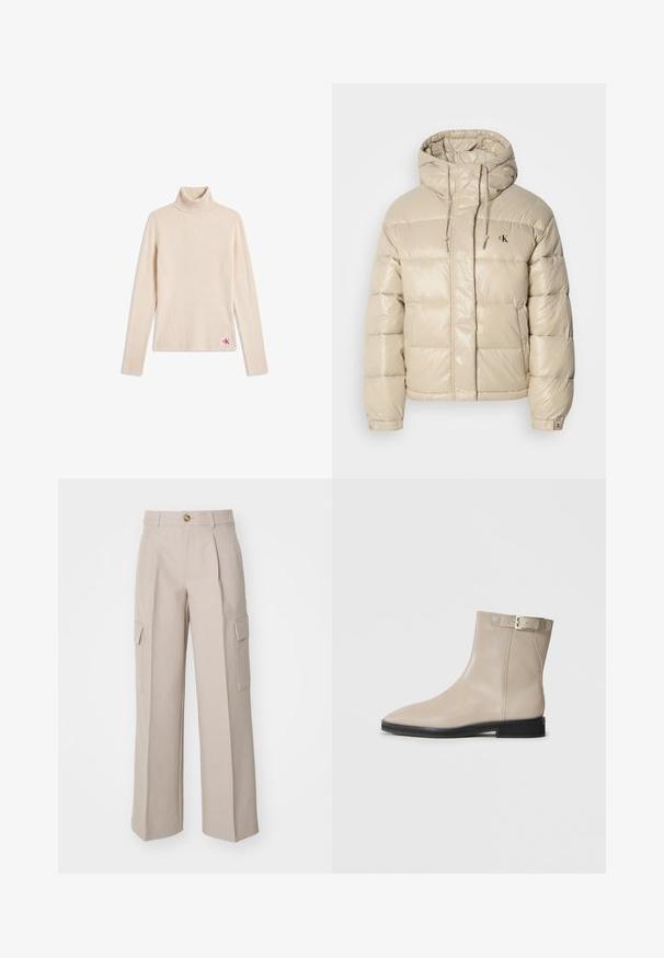 Beige pufferjakke med en blank finish, der har en høj krave, justerbare snore og et logo. Boksformet, quiltet design og trykknapmanchetter.; Beige ribstrikket langærmet turtleneck sweater med et lille logopatch nær den nederste kant på en hvid baggrund.; Beige brede bukser lavet af stof, med frontfolder og to sidecargo-lommer. Indeholder en frontknaplukning.; Beige læder ankelstøvle med spids tå, sort sål, lav hæl og guld spænde rem på ydersiden, vist på hvid baggrund.