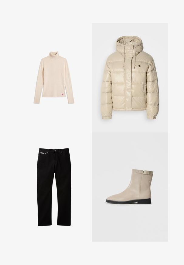 Veste rembourrée beige avec une finition brillante, présentant un col haut, des cordons de serrage réglables et un logo. Forme oversize, design matelassé et poignets à pression.; Pull beige côtelé à col roulé manches longues avec un petit patch logo près de l'ourlet inférieur sur fond blanc.; Jean en denim noir à coupe droite, doté d'une fermeture par bouton et zip, de cinq poches, et d'une petite étiquette logo sur la ceinture.; Bottes en cuir beige à la cheville avec un bout pointu, semelle noire, talon bas et une sangle à boucle dorée sur le côté externe, présentées sur un fond blanc.