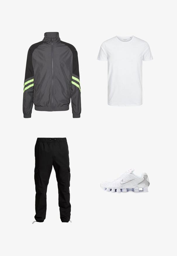 Svart og grå vindjakke med høy krage, glidelås foran, elastiske mansjetter og to grønne striper på ermene. Lett og sporty design.; Rundhals kortermet t-skjorte i helhvitt, laget av myk bomull, har et enkelt design uten synlige mønstre eller accenter.; Svart cargo-bukser laget av slitesterk stoff, med elastisk midje, justerbare snorer og side lommer med klaff-lukking.; Hvite treningssko med strukturert overdelsmateriale, sølvfarget swoosh-logo, mesh-paneler og en særegen, segmentert hvit såle.