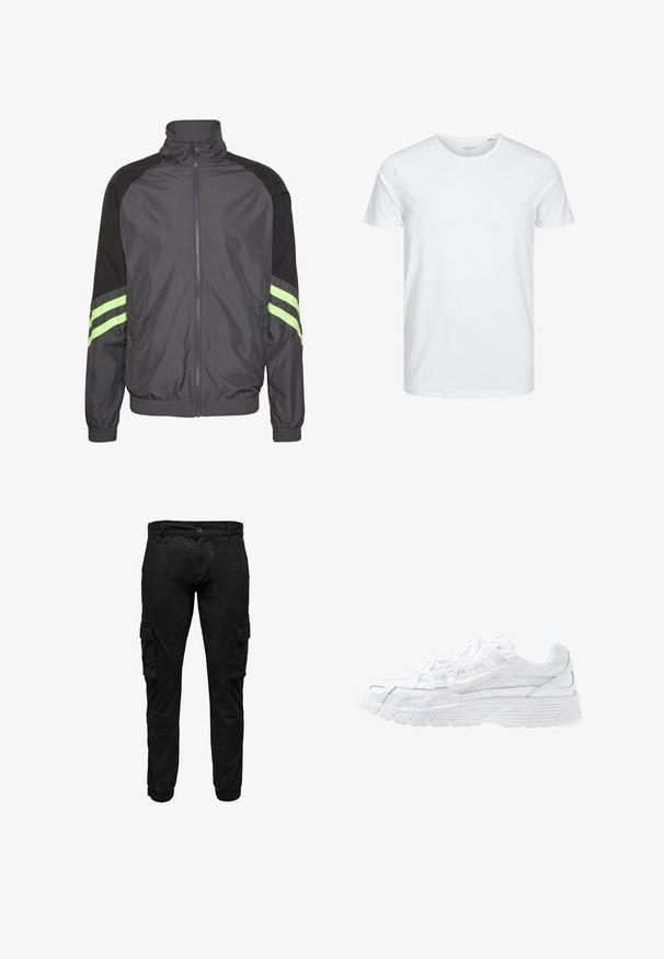 Veste coupe-vent noire et grise avec un col montant, fermeture éclair à l'avant, poignets élastiques et deux rayures vertes sur les manches. Design léger et sportif.; T-shirt à col rond à manches courtes de couleur blanche unie, fabriqué en coton doux, avec un design simple sans motifs ni accents visibles.; Pantalon cargo noir avec poches à rabat latérales, poignets élastiques, fermeture frontale par bouton et fermeture éclair.; Nike Sportswear P 6000 - Baskets basses - white/platinum tint