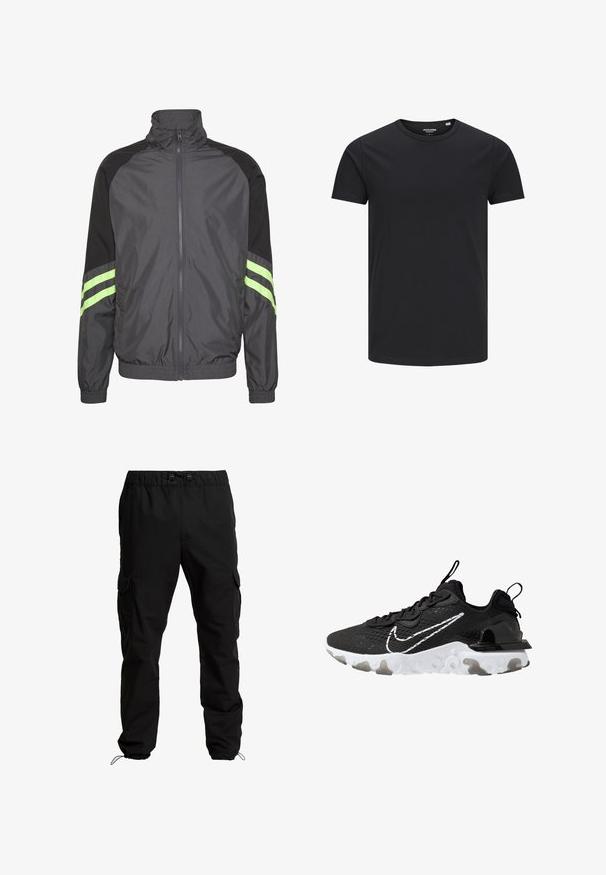 Sort og grå vindjakke med høj krave, lynlås foran, elastiske manchetter og to grønne striber på ærmerne. Letvægts, sporty design.; Sort bomulds T-shirt med rund hals, korte ærmer og et enkelt design. Glat tekstur, ingen mønstre eller synligt tilbehør.; Sorte cargobukser lavet af slidstærkt stof, med elastisk talje, justerbare snore og sidelommer med klaplukninger.; Sort atletik sko med en struktureret stofoverdel, hvid Nike swoosh og tyk hvid sål. Har en pull tab på hælen for nem påføring.