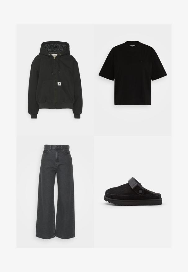 Sort hættetrøje med lynlås foran, elastiske manchetter, en stor frontlomme og en polstret indvendig foring. Carhartt logo-patch på lommen.; Sort bomulds t-shirt med en afslappet pasform, korte ærmer, rund halsudskæring og en lille logodetalje på venstre bryst.; Højtaljede, brede jeans i mørkegrå denim. Klassisk design med en lige pasform, der har bæltestropper og forlommer.; Sorte ruskindssandaler med rund tå, blød tekstur, justerbar rem og en tyk gummisål med mønstret slidbane for godt greb.
