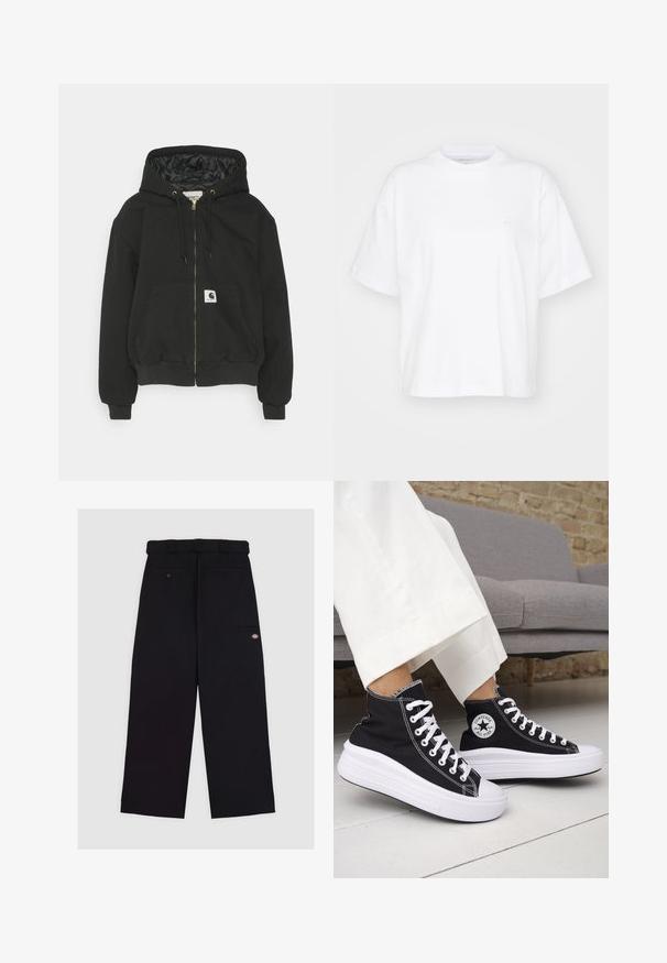 Sweatshirt à capuche noir avec zip sur le devant, poignets élastiques, grande poche frontale et doublure intérieure matelassée. Patch logo Carhartt sur la poche.; T-shirt en coton blanc avec un col rond, des manches courtes et une coupe décontractée. Présente un logo discret sur la zone gauche de la poitrine. Texture lisse.; Pantalons noirs fabriqués en tissu au toucher lisse. Présentent un design à jambe droite, une taille avec passants de ceinture et plusieurs poches.; Baskets montantes noires avec semelles et lacets en caoutchouc blanc. Dotées d'un patch logo rond et de surpiqûres blanches contrastantes. Matière en toile.