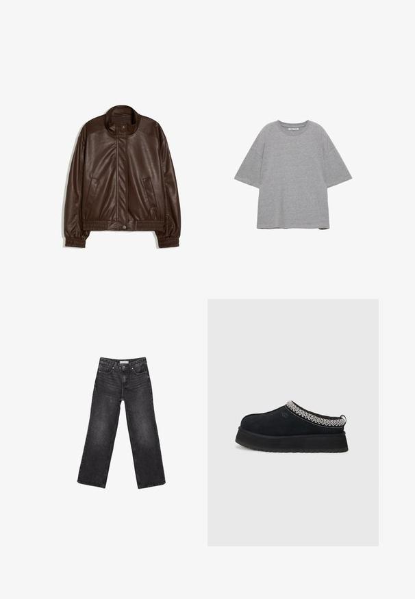 Veste bomber marron en simili cuir avec col montant, fermetures à boutons-pression, poignets élastiques et deux poches avant.; T-shirt gris uni surdimensionné à manches courtes avec un col rond, posé à plat sur un fond blanc.; Jean noir à jambes larges avec poches avant et arrière, fermeture par bouton et passants de ceinture, posé à plat sur fond blanc.; Chaussure noire en daim à enfiler avec une semelle plus épaisse, présentant des accents tissés texturés blancs et noirs au col.
