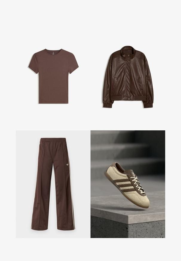 Veste bomber marron en simili cuir avec col montant, fermetures à boutons-pression, poignets élastiques et deux poches avant.; T-shirt en coton marron avec un col rond, des manches courtes et un design uni. Ourlet à couture plate et sans embellissements ni motifs visibles.; Pantalon de sport marron à jambes larges, avec des bandes blanches sur les côtés, une taille élastique et deux poches latérales. Présente un petit logo sur la jambe.; Baskets tissées beige et marron avec trois bandes et lacets blancs, flottant au-dessus d'un rebord en béton avec des escaliers en arrière-plan.