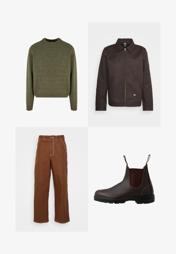 Chaqueta marrón con cremallera y cuello tipo solapa, bolsillos laterales y un pequeño parche con logo. Confeccionada con tejido resistente, cuenta con mangas largas.; Suéter de mezcla de lana verde con cuello redondo, puños y dobladillo acanalados, y un acabado suave y texturizado. Ajuste clásico y relajado con hombros caídos.; Pantalones de lona marrones con costuras blancas, que presentan un cierre de botón y un bolsillo lateral. Diseño de pierna recta con mínimos detalles de textura.; Bota Chelsea de cuero marrón con panel elástico lateral, costuras marrones, tiradores y suela de goma resistente con un patrón texturizado.