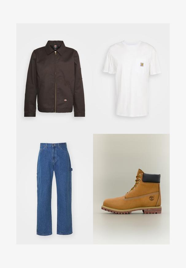 Brun zip-up jakke med krave, sidelommer og et lille logo-patch. Fremstillet af slidstærkt stof med lange ærmer.; Hvid bomulds T-shirt med korte ærmer, en brystlomme, og et lille firkantet logo patch i orange og hvid på lommen.; Blå denimjeans i en afslappet pasform med lige ben, har for- og baglommer samt knaplukning i taljen.; Brun læderankelstøvle med sort krave, gule snørebånd og tanfarvet sål. Har logo og hvide syninger som detalje. Robust ydersål med greb.