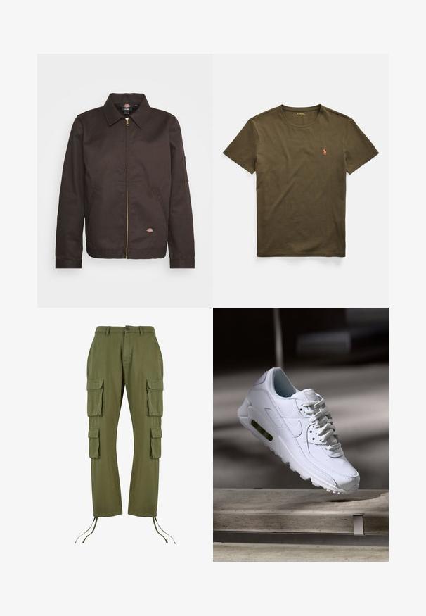 Brun zip-up jakke med krave, sidelommer og et lille logo-patch. Fremstillet af slidstærkt stof med lange ærmer.; Olivengrøn bomuld T-shirt med rund hals og korte ærmer. Har en lille broderet logo på venstre bryst. Blød tekstur.; Olivengrønne cargobukser lavet af bomuld, med fire store lommer, snøre i kanten og knaplukning i taljen.; Hvide lædersneakers med teksturerede overflader, polstret krave og synlig luftpolstring i sålen. Har snørrebånd og et minimalistisk design.