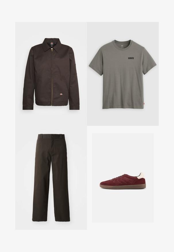 Bruine ritssluitingjack met een kraag, zijzakken en een klein logopatch. Gemaakt van stevige stof, met lange mouwen.; Groen Levi's T-shirt met korte mouwen en ronde hals, met zwart logo op de linkerborst en een klein rood label aan de linkernaad.; Zwarte katoenen broek met een recht model, voorzien van een knoopsluiting en een klassieke tailleband. Gladde textuur, zonder patronen of accenten.; Bordeauxrode suède sneaker met veterband aan de voorkant, gestructureerde zijdetails en een lichtgekleurde hielaccent. Rubberzool met een gladde afwerking.