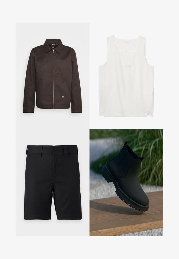 Veste zippée marron avec un col, des poches latérales et un petit patch logo. Confectionnée en tissu robuste, elle possède des manches longues.; Débardeur blanc sans manches Calvin Klein avec encolure dégagée et nom de la marque discrètement embossé au centre devant.; Shorts noirs mi-genoux avec passants de ceinture et poches avant, fabriqués en tissu robuste, présentés sur fond blanc.; Botte cheville noire avec une finition lisse, des panneaux latéraux élastiques et une semelle épaisse et robuste. Présentée sur un fond naturel sur une surface en bois.