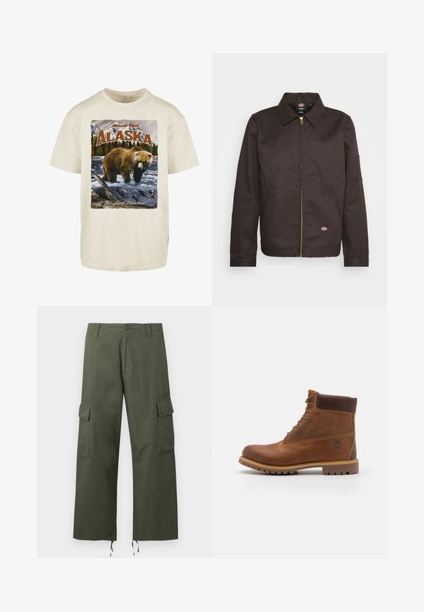 Bruine ritssluitingjack met een kraag, zijzakken en een klein logopatch. Gemaakt van stevige stof, met lange mouwen.; Crèmekleurig katoenen T-shirt met een grafische print van een bruine beer in water, bergen en bomen, met "Alaska" en "The Last Frontier."; Olijfgroene cargobroek met zijflapzakken, knoopsluiting, riemlussen en verstelbare trekkoorden aan de brede pijpzomen.; Bruine leren wandelschoen met een gladde afwerking, gevoerde enkel, metalen oogjes en een rubberen zool met een robuust profiel.