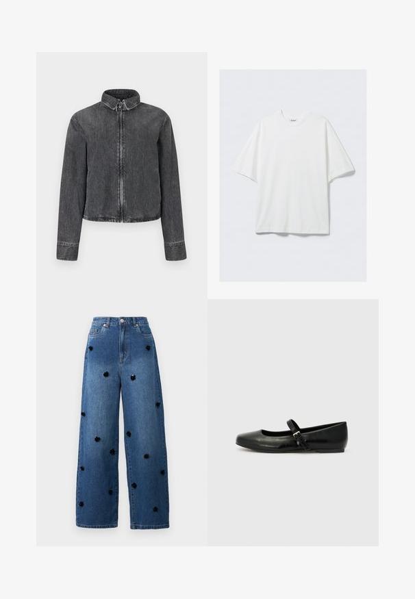 Mørk denimjakke med stående krave, frontlynlås og lange ærmer. Har kontrasterende syninger og en cropped kant.; Hvid, oversized kortærmet t-shirt i bomuld med rund halsudskæring og et lille mærke med mærkenavn indeni kraven.; Bredde ben blå denimjeans med sorte blomsterapplikationer spredt over stoffet. Har en høj talje og klassisk fem-lomme design.; Sorte læder balletflade med rund tå, flad sål og en tynd justerbar rem over svangen med en metalspænde.