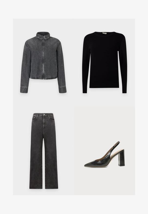 Veste en denim foncé avec un col montant, fermeture éclair à l'avant et manches longues. Présente des coutures contrastantes et un ourlet court.; Pull noir à manches longues en col rond, fabriqué en tissu côtelé. Il dispose de manches ajustées et d'une texture lisse. Design simple et minimaliste.; Pantalons en denim noirs à jambe large avec une taille haute, dotés de poches avant, d'une fermeture boutonnée et d'une texture légèrement délavée.; Chaussure slingback en cuir noir à bout pointu avec un talon bloc haut et une doublure intérieure beige sur un fond clair uni.