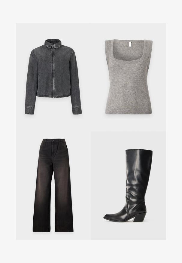 Veste en denim foncé avec un col montant, fermeture éclair à l'avant et manches longues. Présente des coutures contrastantes et un ourlet court.; Débardeur gris sans manches en maille côtelée avec un décolleté carré et une silhouette ajustée, présentant une texture lisse et une légère élasticité.; Pantalon en denim noir à jambes larges, avec poches avant, passants pour ceinture et fermeture par boutons, présenté à plat sur un fond blanc.; Botte en cuir noir montante jusqu'au genou avec un bout pointu, un talon angulaire et une texture lisse. Présente une subtile couture sur le côté.