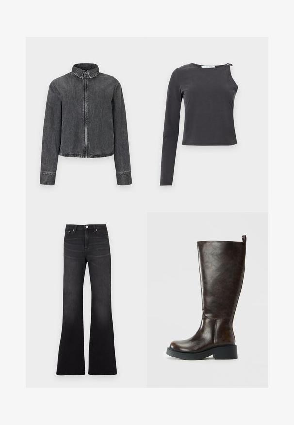 Mørk denimjakke med stående krave, frontlynlås og lange ærmer. Har kontrasterende syninger og en cropped kant.; Sort asymmetrisk bluse med lange ærmer, hvor den ene side har et helt ærme, og den anden er ærmeløs med en lynlåsdetalje ved skulderen.; Sorte flare jeans i denimstof med høj talje, femlommers design og en let falmet effekt mod benenes kant.; Mørkebrun læder knæhøj støvle med rund tå, chunky sort sål, lav blokhæl og trækflig bagpå.