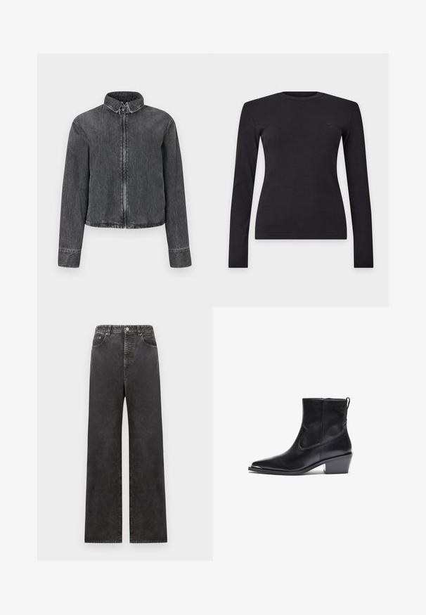 Dunkelblaue Jeansjacke mit Stehkragen, Frontreißverschluss und langen Ärmeln. Verfügt über kontrastierende Nähte und einen kurzen Saum.; Schwarzes, langärmeliges, geripptes Strickoberteil mit rundem Ausschnitt und figurbetonter Silhouette vor einfarbig hellem Hintergrund.; Schwarzweisse Denim-Hose mit weitem Bein und hoher Taille, ausgestattet mit Fronttaschen, einem Knopfverschluss und einer leicht verblassten Textur.; Schwarzer Leder-Ankle-Boot mit spitzer Zehe und niedrigem Blockabsatz. Mit einem Seitenreißverschluss und minimalen Nähdetails für ein elegantes Design.