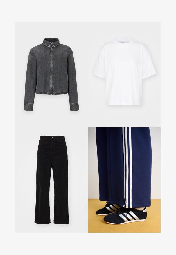 Dunkelblaue Jeansjacke mit Stehkragen, Frontreißverschluss und langen Ärmeln. Verfügt über kontrastierende Nähte und einen kurzen Saum.; Weißes Baumwoll-T-Shirt mit Rundhalsausschnitt, kurzen Ärmeln und lockerer Passform. Verfügt über ein dezentes Logo auf der linken Brustseite. Glatte Textur.; Schwarze Cord-weitbeinige Hose mit hoher Taille, ausgestattet mit einem vorderen Knopf- und Reißverschluss und einem vertikalen Rillenmuster.; Marineblaue Sweatpants mit drei weißen vertikalen Streifen und schwarzen Sportschuhen mit silbernen Streifen und strukturierten Oberflächen. Gelber Boden.