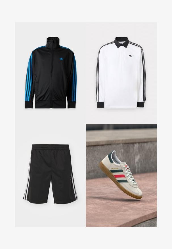 Zwarte trainingsjas met rits en hoge kraag, blauwe strepen langs de mouwen en klein blauw Adidas-logo op de linkerborst.; Witte lange mouwen polo met zwarte kraag, zwarte manchetten, zwart drie-strepen ontwerp op de mouwen en zwart Adidas-logo op de borst.; Zwarte sportieve shorts met een elastische tailleband, voorzien van witte zijstrepen en een gladde stofstructuur. Geen extra versieringen.; Witte Adidas sneaker met groene en rode strepen, rubberen zool en "SPEZIAL" branding die boven een stenen bestrating zweeft.