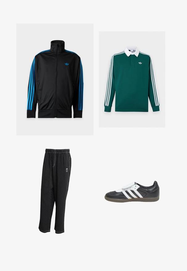 Must ZIP-kinnitusega spordijakk kõrge kraega, sinised triibud varrukatel ja väike sinine Adidas logo vasakul rinnal.; Tume roheline pikavarrukaline ragbimärkidega särk valge kraega, kolme valge triibuga varrukatel ja väike valge Adidas logo rinnal.; Mustrilineeritud mustad püksid elastse vöökohaga, küljetaskute ja väikese logotagiga ees. Kerge kangas sileda tekstuuriga.; adidas Originals SAMBA LT - Tossud - core black footwear white gum