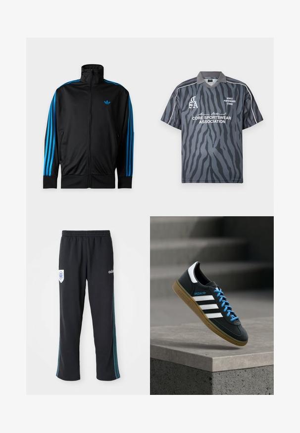 Must ZIP-kinnitusega spordijakk kõrge kraega, sinised triibud varrukatel ja väike sinine Adidas logo vasakul rinnal.; Lühikeste varrukatega spordisärk halli värvi koos mustade tiigriribadega. Sellel on terav krae, valged aktsendid ja kontrastvärvides trükitud tekst.; Mustad mustekad kokkuvõtlikud spordipüksid elastse vöökohtkega, millel on sinised triibud külgedel ja logo vasakul esiküljel.; Must Adidas toss valgete triibu, siniste paelte ja kummist tallaga, hõljuv pehme valgusega halli betoonastme kohal.
