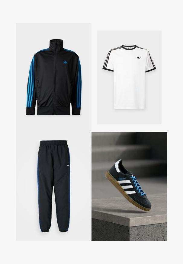 Sort træningsjakke med lynlås og høj krave, blå striber ned ad ærmerne og lille blåt Adidas-logo på venstre bryst.; Hvid bomulds t-shirt med sort ribkant ved hals og ærmer, med tre sorte striber på hver skulder og et lille logo på brystet.; Sorte atletiske bukser med elastisk talje, blå sideløb, lynlåslommer og tætsiddende benafslutninger for en stram pasform. Lavet af let materiale.; Sort Adidas sneaker med hvide striber, blå snørebånd og gummisål, der svæver over gråt betontrin i blødt lys.
