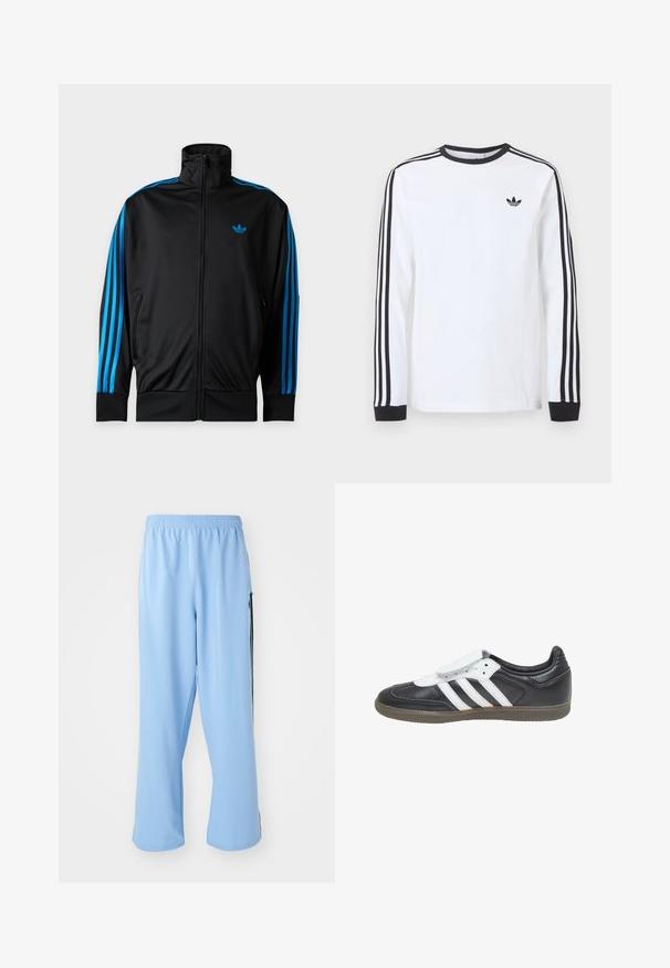 Čierna športová bunda na zips s vysokým golierom, modré pruhy na rukávoch a malým modrým logom Adidas na ľavej strane hrudi.; Biele tričko Adidas s dlhým rukávom, čiernym okrúhlym výstrihom, čiernymi manžetami, tromi čiernymi pruhmi na rukávoch a čiernym logom trefoil na hrudi.; Svetlo modré športové nohavice vyrobené z hladkej látky, s elastickým pásom a kontrastnými čiernymi bočnými pruhmi.; adidas Originals SAMBA LT - Tenisky - core black footwear white gum