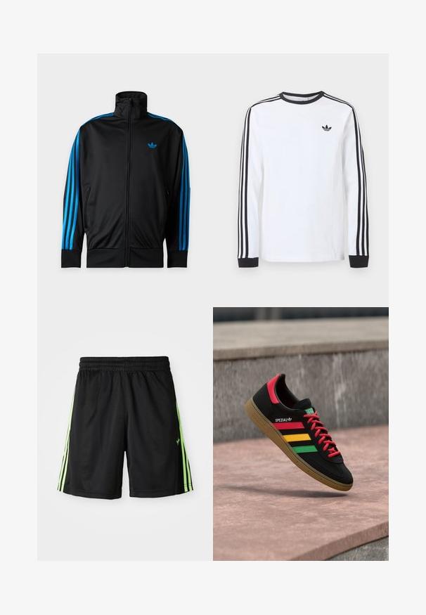 Čierna športová bunda na zips s vysokým golierom, modré pruhy na rukávoch a malým modrým logom Adidas na ľavej strane hrudi.; Biele tričko Adidas s dlhým rukávom, čiernym okrúhlym výstrihom, čiernymi manžetami, tromi čiernymi pruhmi na rukávoch a čiernym logom trefoil na hrudi.; Čierne športové šortky s elastickým pásom, pričom na každej strane sú dve vertikálne neonové zelené pruhy a na prednej ľavej strane je malá značka.; Čierna teniska Adidas Spezial s červenými, žltými a zelenými pruhmi, červenými šnúrkami, gumovou podrážkou a červeným detailom na päte, zobrazená ako vznášajúca sa nad chodníkom.