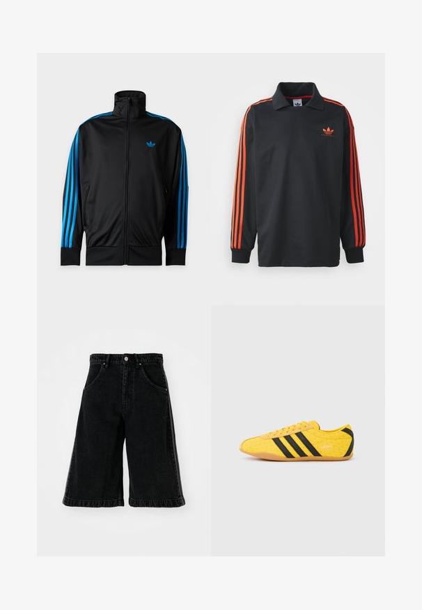 Chaqueta deportiva negra con cremallera, cuello alto, rayas azules en las mangas y pequeño logo azul de Adidas en el pecho izquierdo.; Polo negro de manga larga con cuello, que presenta franjas rojas en las mangas y un pequeño logo rojo en el pecho. Textura de tela suave.; Pantalones cortos de mezclilla negros con un diseño de pierna ancha, que cuentan con una cintura alta, pasadores para cinturón y bolsillos delanteros. Detalles de costura y herrajes minimalistas.; Zapato deportivo amarillo con una parte superior texturizada, que presenta rayas negras y un logo. Punta redondeada, suela suave y patrón en zigzag en el material.