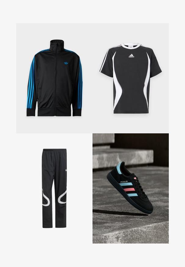 Musta vetoketjullinen treenitakki korkealla kauluksella, siniset raidat hihoissa ja pieni sininen Adidas-logo vasemmassa rinnassa.; Musta lyhythihainen t-paita, jossa valkoiset suunnitteluelementit ja Adidas-logo rinnassa. Valmistettu pehmeästä puuvillamateriaalista, pyöreällä kaula-aukolla.; Musta urheiluhousut, joissa on joustava vyötärö, suuret valkoiset kaarevat korostukset sivuilla ja pieni logo yläreidessä.; Musta Adidas Spezial -lenkkari, jossa sinisiä ja pinkkejä raitoja, leijuu tekstuurisen harmaan betonipinnan yläpuolella, varjo alla.