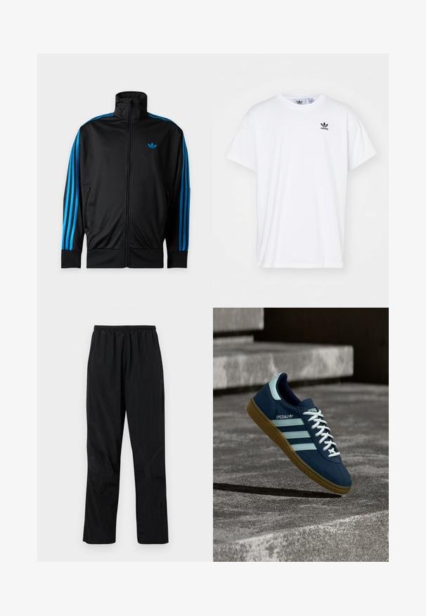 Čierna športová bunda na zips s vysokým golierom, modré pruhy na rukávoch a malým modrým logom Adidas na ľavej strane hrudi.; Biela bavlnená tričko s krátkymi rukávmi, okrúhlym výstrihom a čiernym logom Adidas s tromi pruhmi na ľavej hrudi.; Čierne nylonové nohavice s elastickým pásom, s ľahkým textúrovaným povrchom a akcentmi na švoch pre moderný dizajn.; Modré tenisky Adidas Spezial s bielymi pruhmi a šnúrkami, gumovou podrážkou, plávajúce nad drsným betónovým povrchom a schodmi v pozadí.